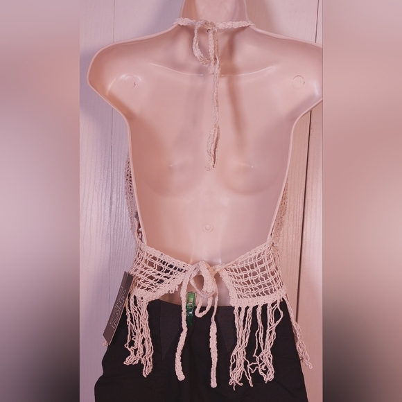 1412 Crochet Fringe Halter Top NWT Size XL 100% Cotton Open Back Boho Western - Picture 6 of 7